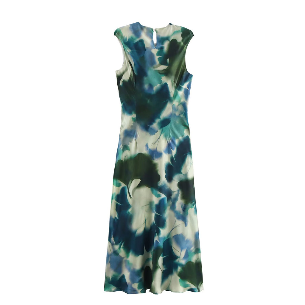 Printed Sleeveless Satin-Feel Dress