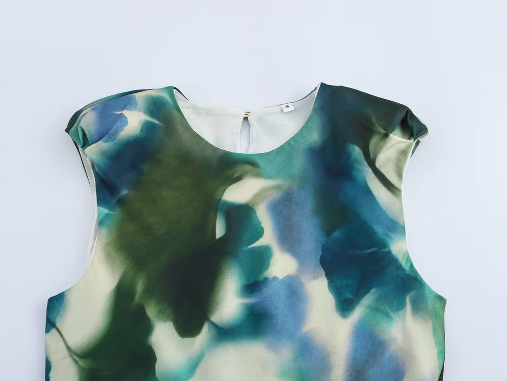 Printed Sleeveless Satin-Feel Dress