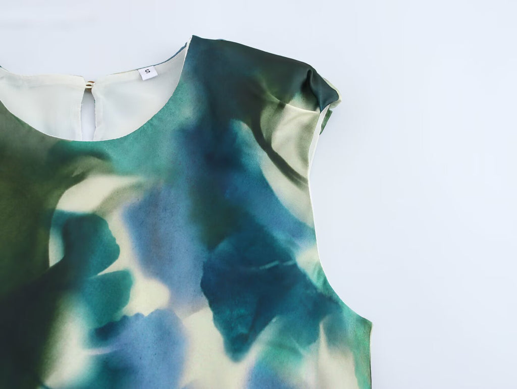 Printed Sleeveless Satin-Feel Dress