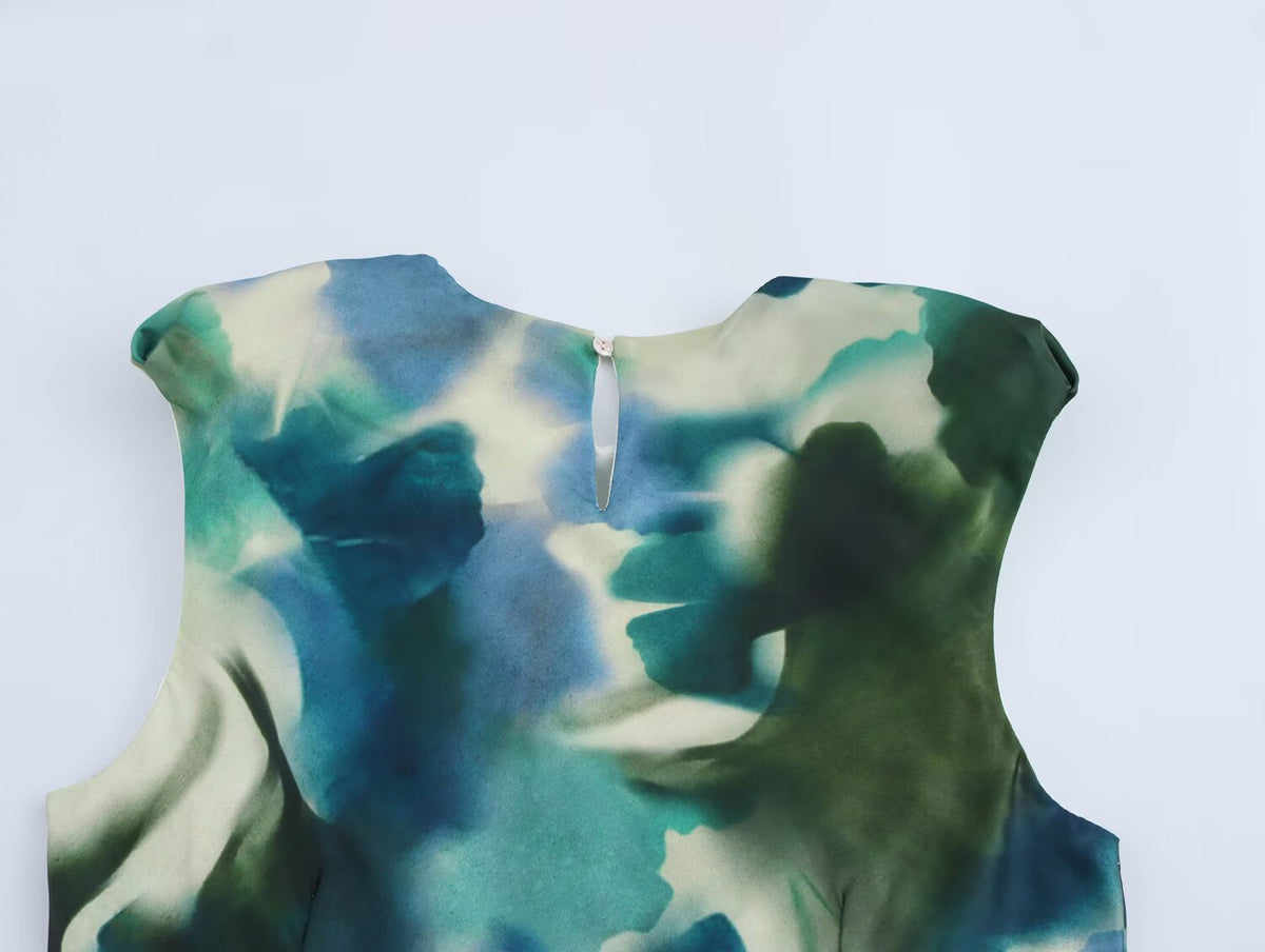 Printed Sleeveless Satin-Feel Dress