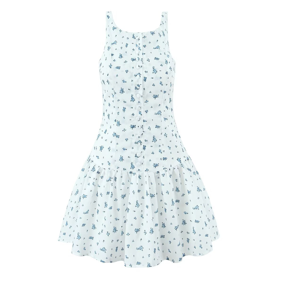 French Vacation Ditsy Floral-Print Single-Breasted Backless Dress