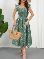 Flying Sleeves Printed Waist Tight Square-Neck A Swing Dress