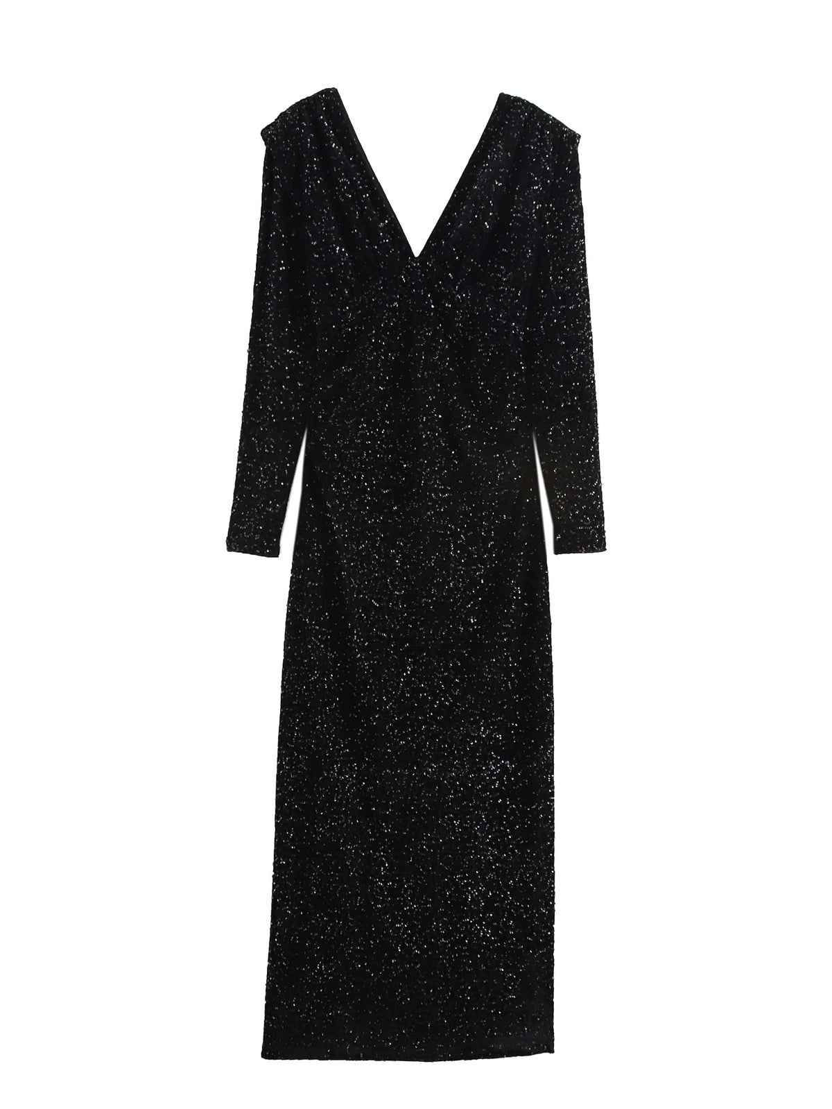 Women's Elegant Black Formal Padded Shoulder Long Sleeve V Neck Dress