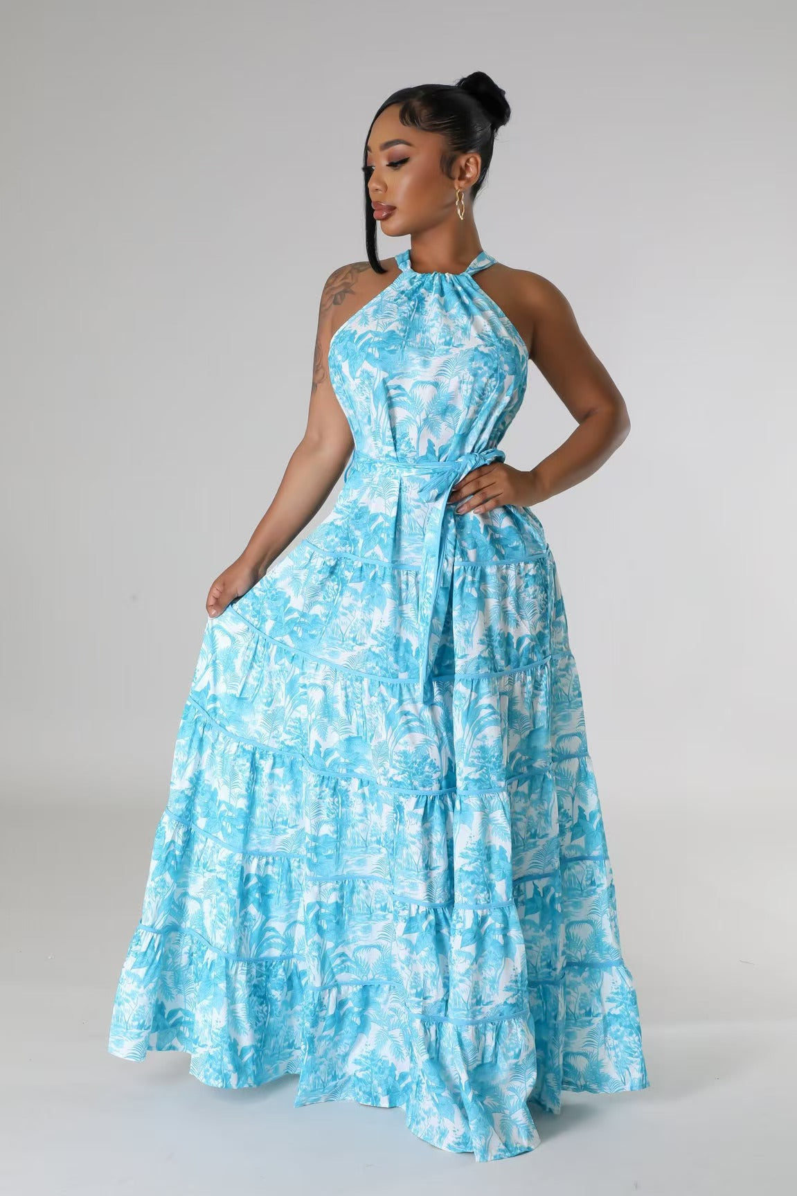 Halter Strapless Lace-Up Waist A Piece Loose Large Dress Floral