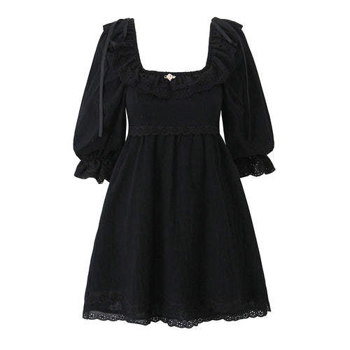 Square Collar Bubble Mid Length Sleeve Dress Spring Summer Vacation White Elegant Lace Small Puffy Princess