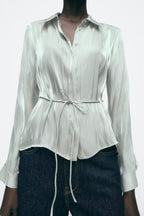 Women's Bowknot Decoration Bright Effect Long Sleeve Collared Shirt