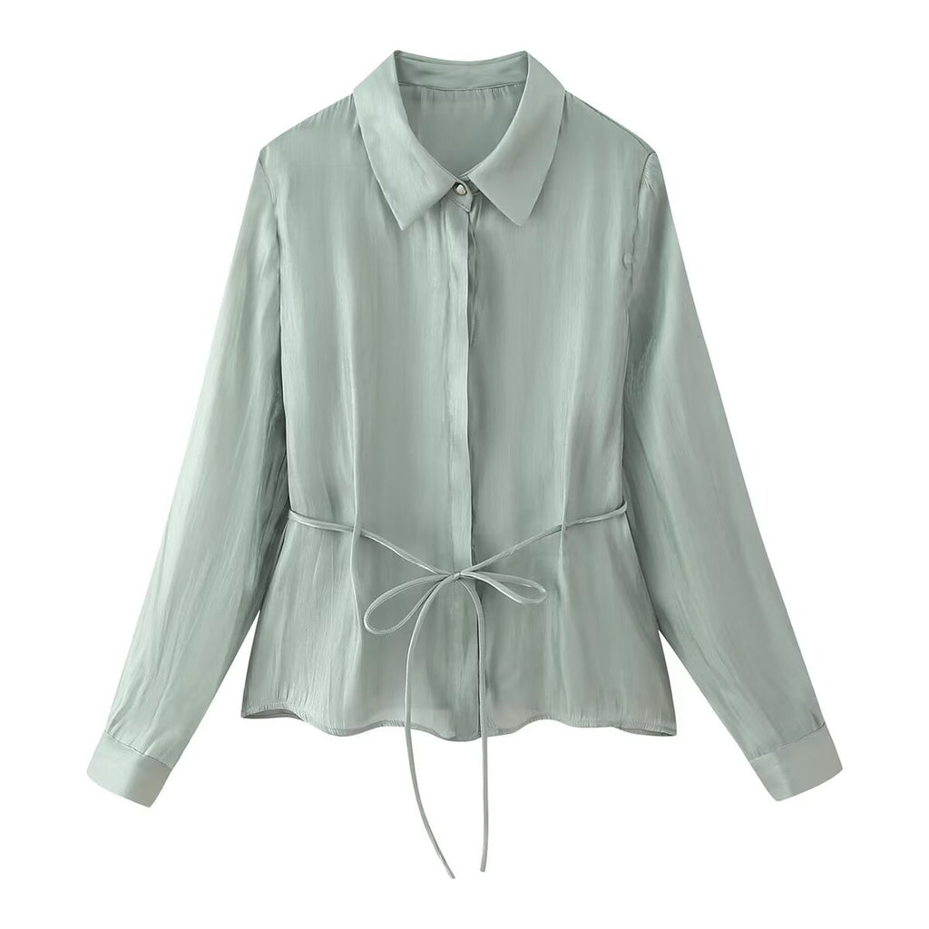 Women's Bowknot Decoration Bright Effect Long Sleeve Collared Shirt