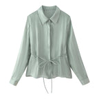 Women's Bowknot Decoration Bright Effect Long Sleeve Collared Shirt