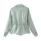 Women's Bowknot Decoration Bright Effect Long Sleeve Collared Shirt