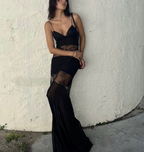 Spring Summer Sexy Halter Backless Lace V Neck Patchwork Suspender