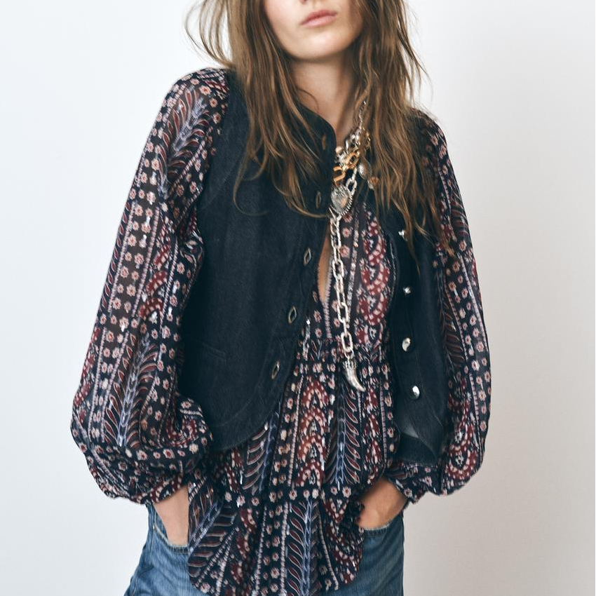 Women's Spring Women Clothing Metal Color Line Printed Cover Long Sleeve Shirt