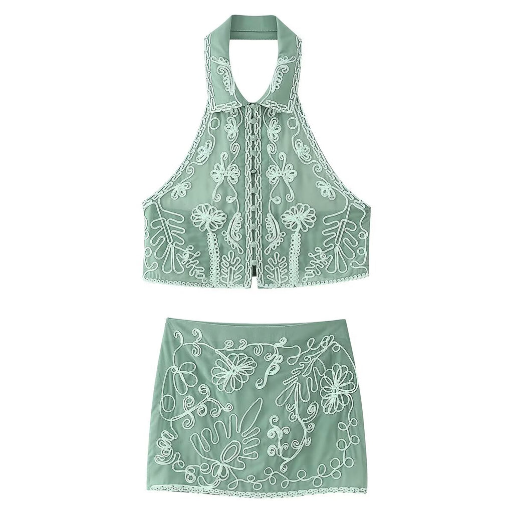 Women's Spring Plate Floral Embroidery Top and Skirt Two-Piece Set