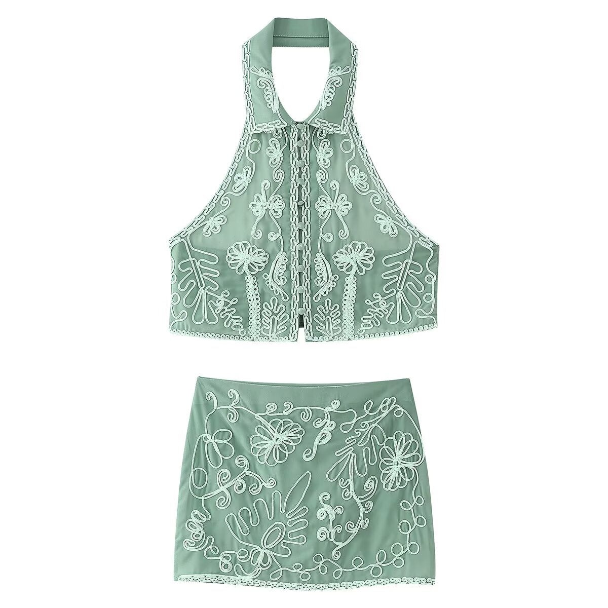 Women's Spring Plate Floral Embroidery Top and Skirt Two-Piece Set