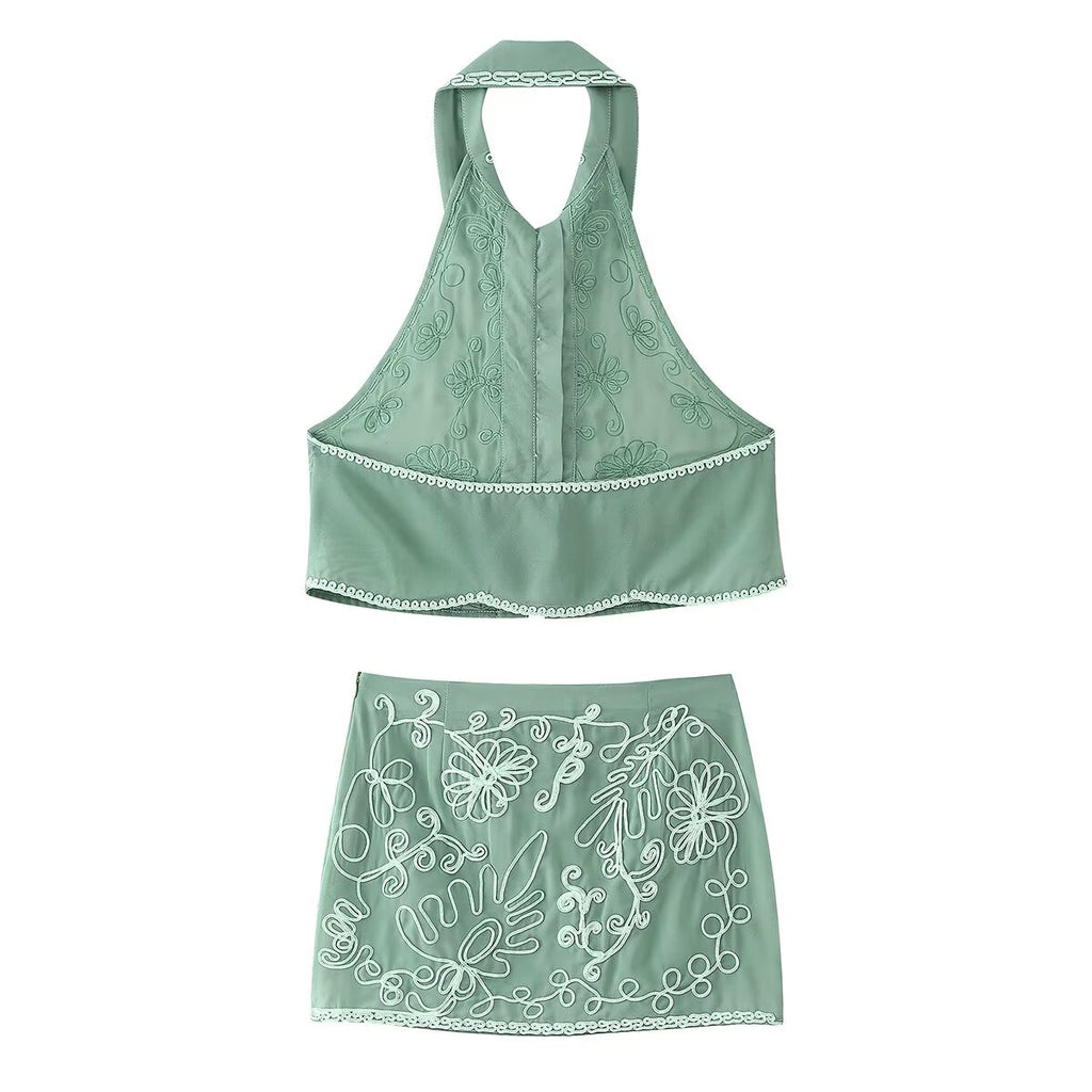 Women's Spring Plate Floral Embroidery Top and Skirt Two-Piece Set
