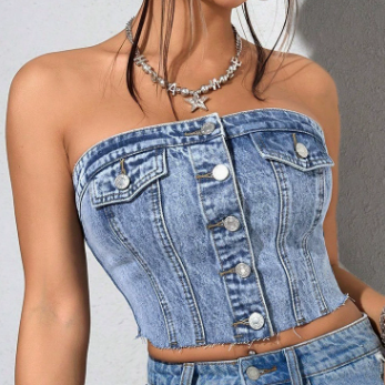 's Washed Breasted Smocking Bandeau Slim Fit Denim Top Vest