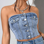 's Washed Breasted Smocking Bandeau Slim Fit Denim Top Vest