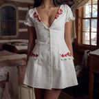 Women's V-Neck Floral Embroidered Lace Pocket Puff-Sleeve A-Line Mini Dress