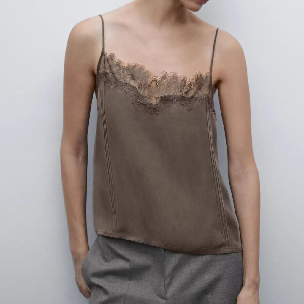 's Solid Color Lace Camisole Off Shoulder Vest Inner Match Top