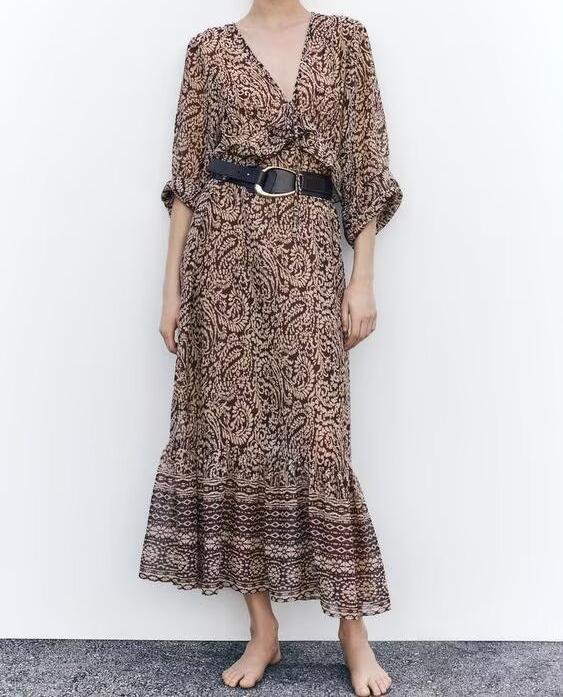Spring Laminated Decoration Printed Midi Long-Sleeve Dress