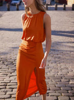 Crew-Neck Ruched Split A-Line Midi Dress