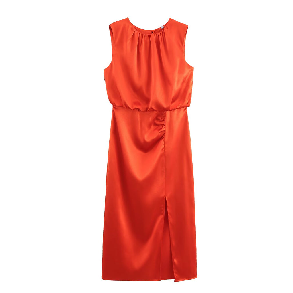 Crew-Neck Ruched Split A-Line Midi Dress