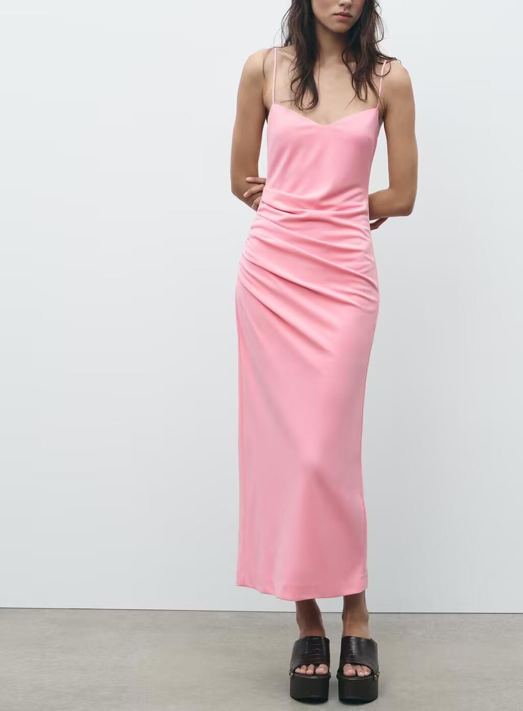 V-Neck Ruched Spaghetti-Strap Bodycon Midi Dress