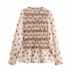 Women's Print Long Sleeve Round Neck Pleated Shirt Slim Fit Slimming