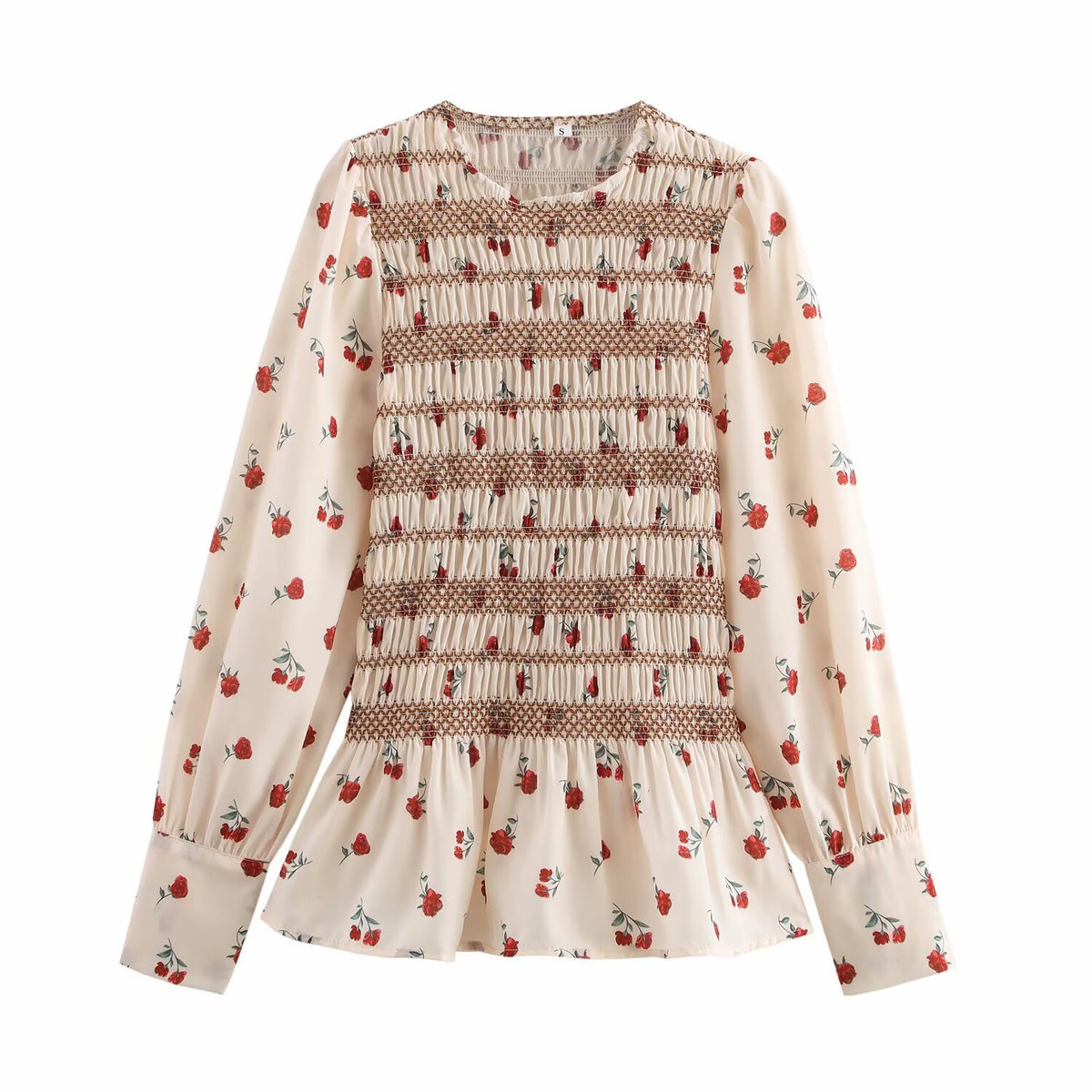 Women's Print Long Sleeve Round Neck Pleated Shirt Slim Fit Slimming
