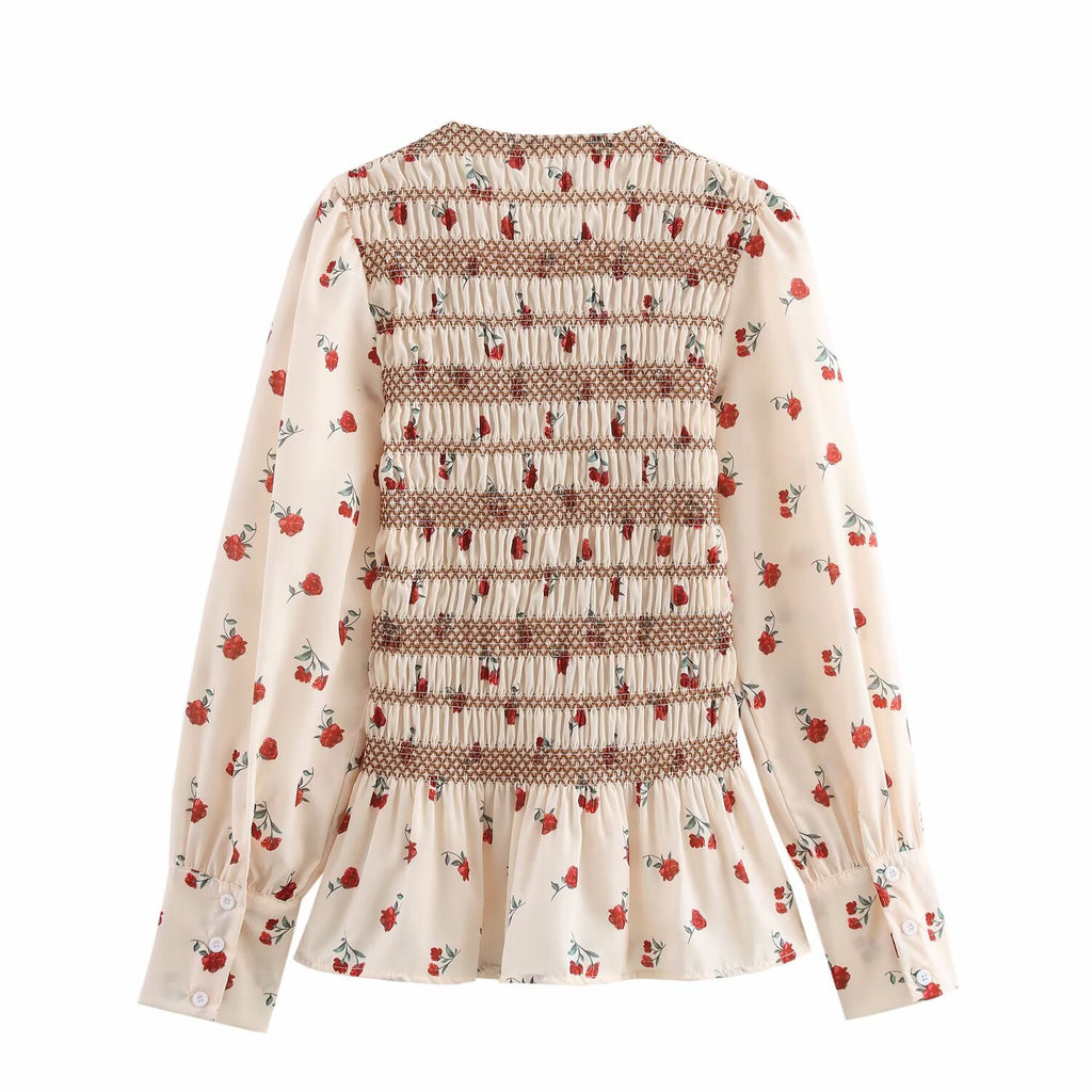Women's Print Long Sleeve Round Neck Pleated Shirt Slim Fit Slimming