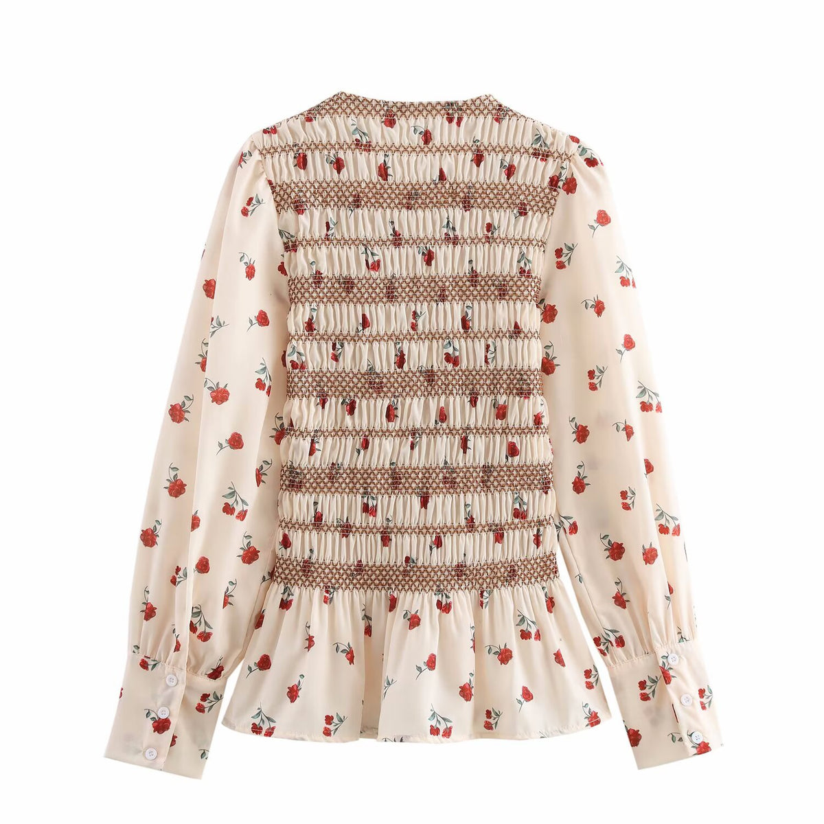 Women's Print Long Sleeve Round Neck Pleated Shirt Slim Fit Slimming