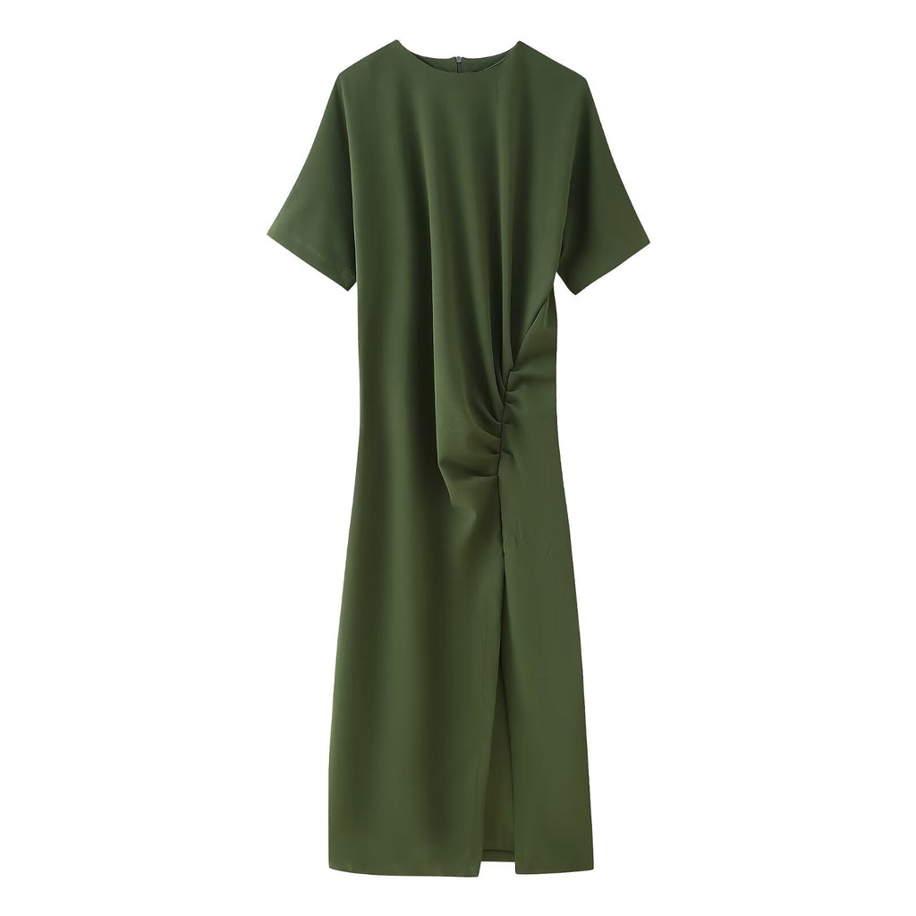 Crew-Neck Ruched Split Short-Sleeve A-Line Maxi Dress