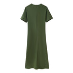 Crew-Neck Ruched Split Short-Sleeve A-Line Maxi Dress