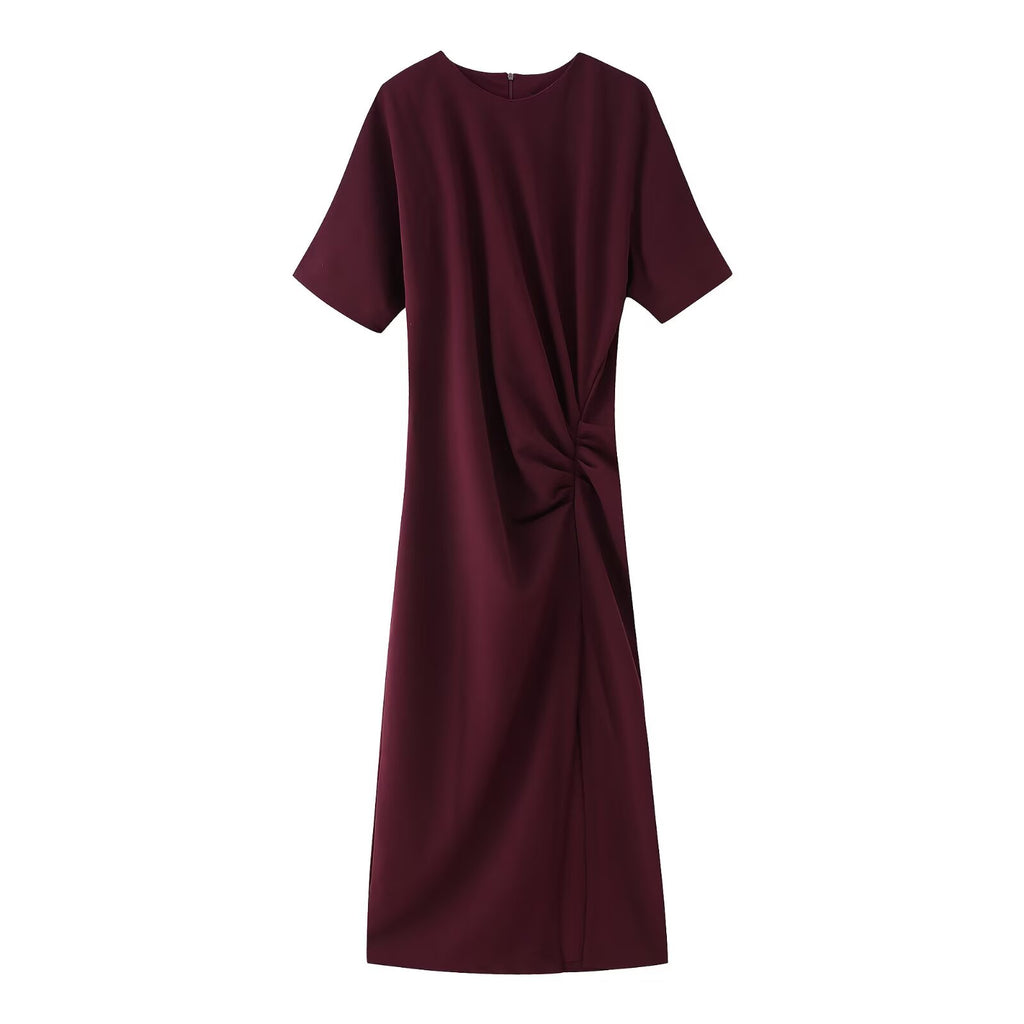 Crew-Neck Ruched Split Short-Sleeve A-Line Maxi Dress