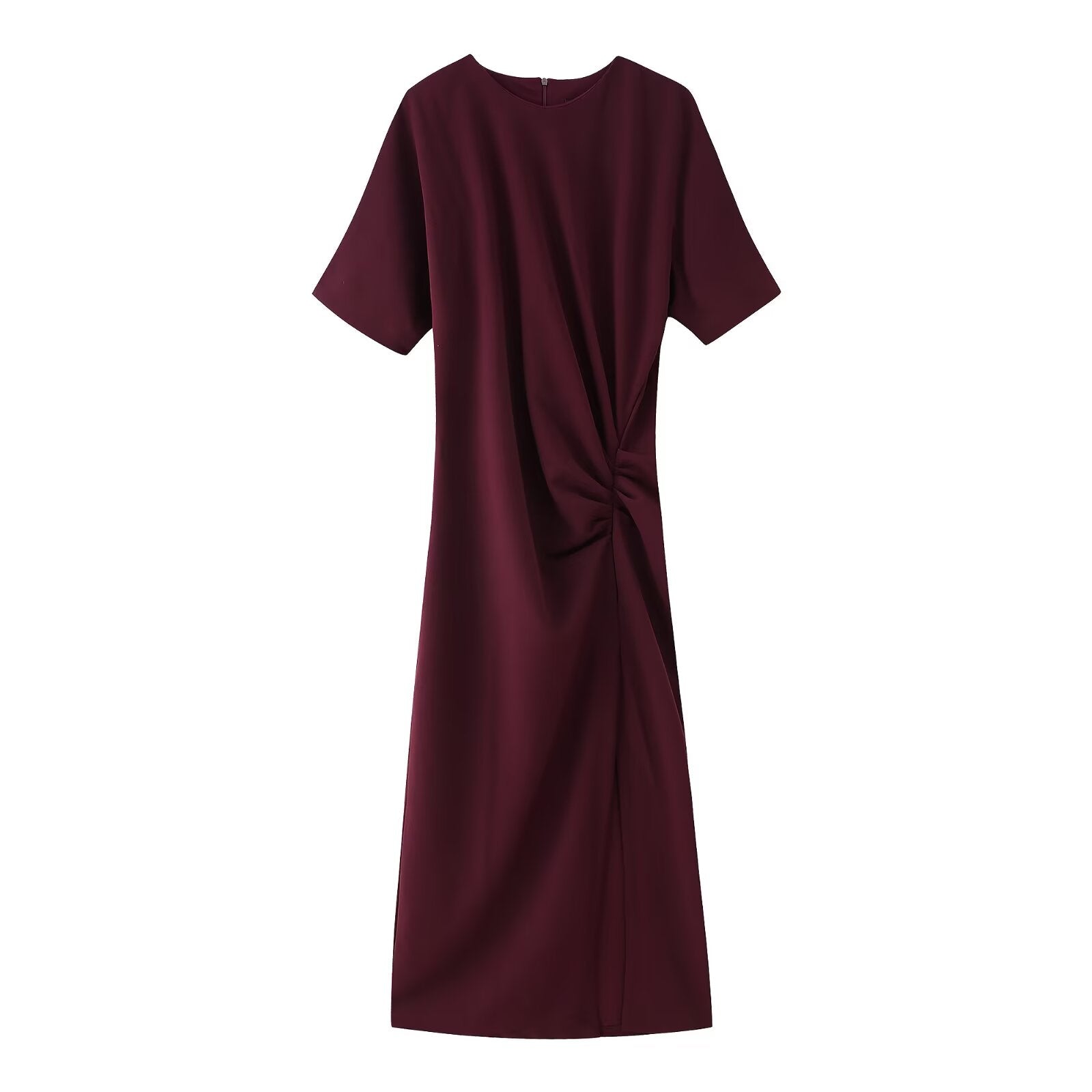 Crew-Neck Ruched Split Short-Sleeve A-Line Maxi Dress