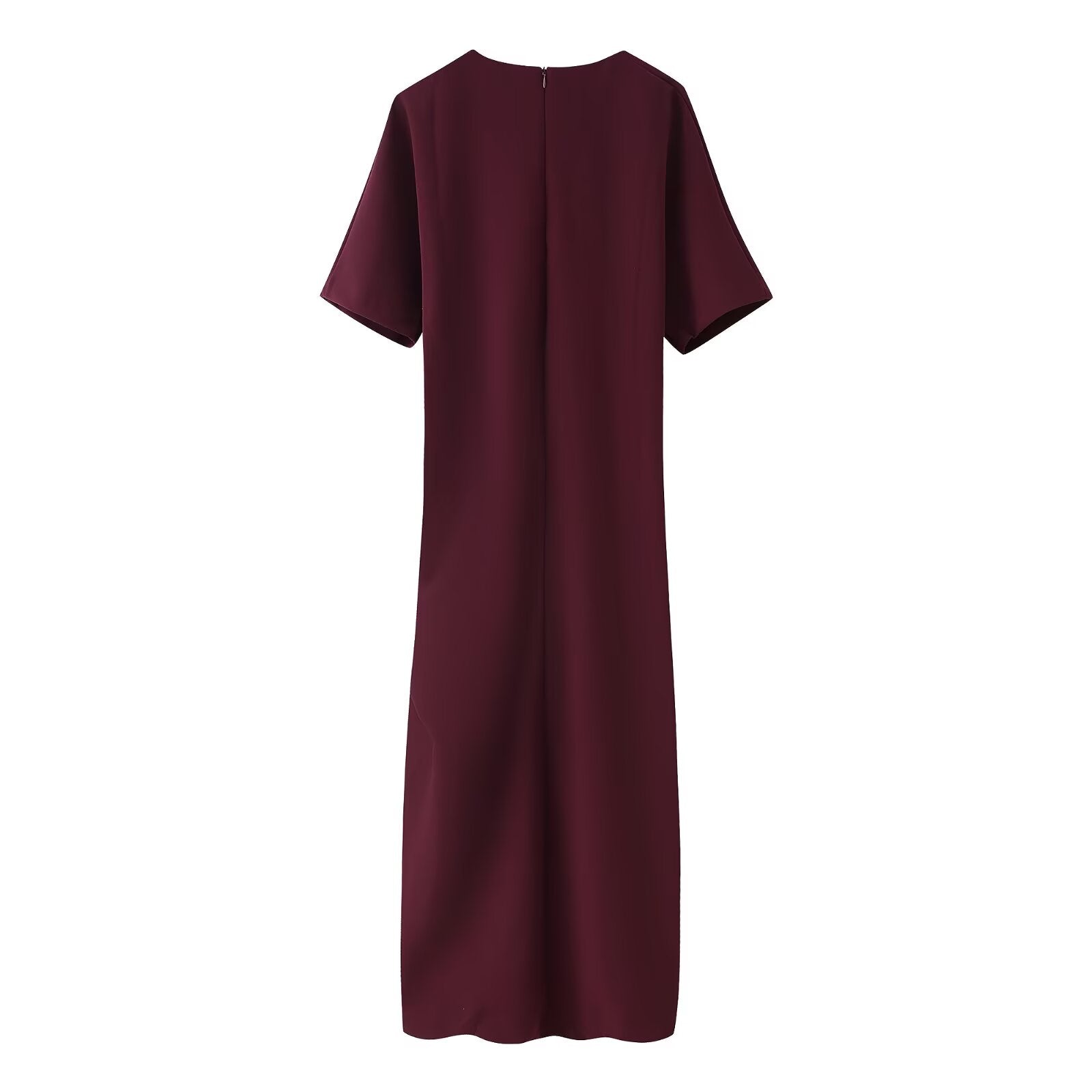 Crew-Neck Ruched Split Short-Sleeve A-Line Maxi Dress