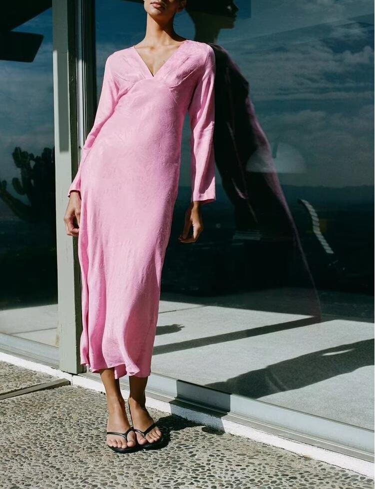 V-Neck Jacquard Long-Sleeve A-Line Maxi Dress