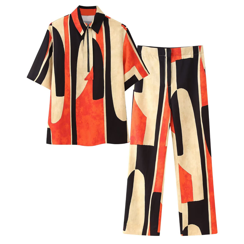 Women's Printing Shirt Printed Trousers Set
