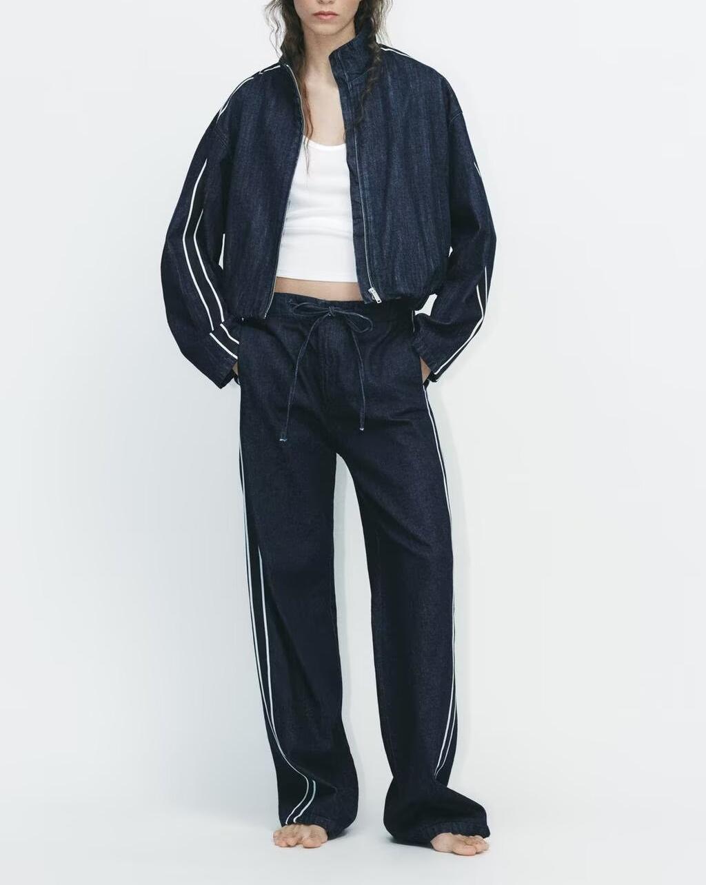 Spring Stitching Stripe Belt Denim Coat Trousers Set