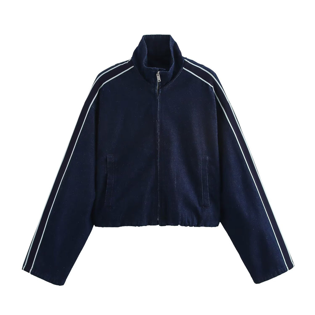 Spring Stitching Stripe Belt Denim Coat Trousers Set