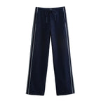 Spring Stitching Stripe Belt Denim Coat Trousers Set
