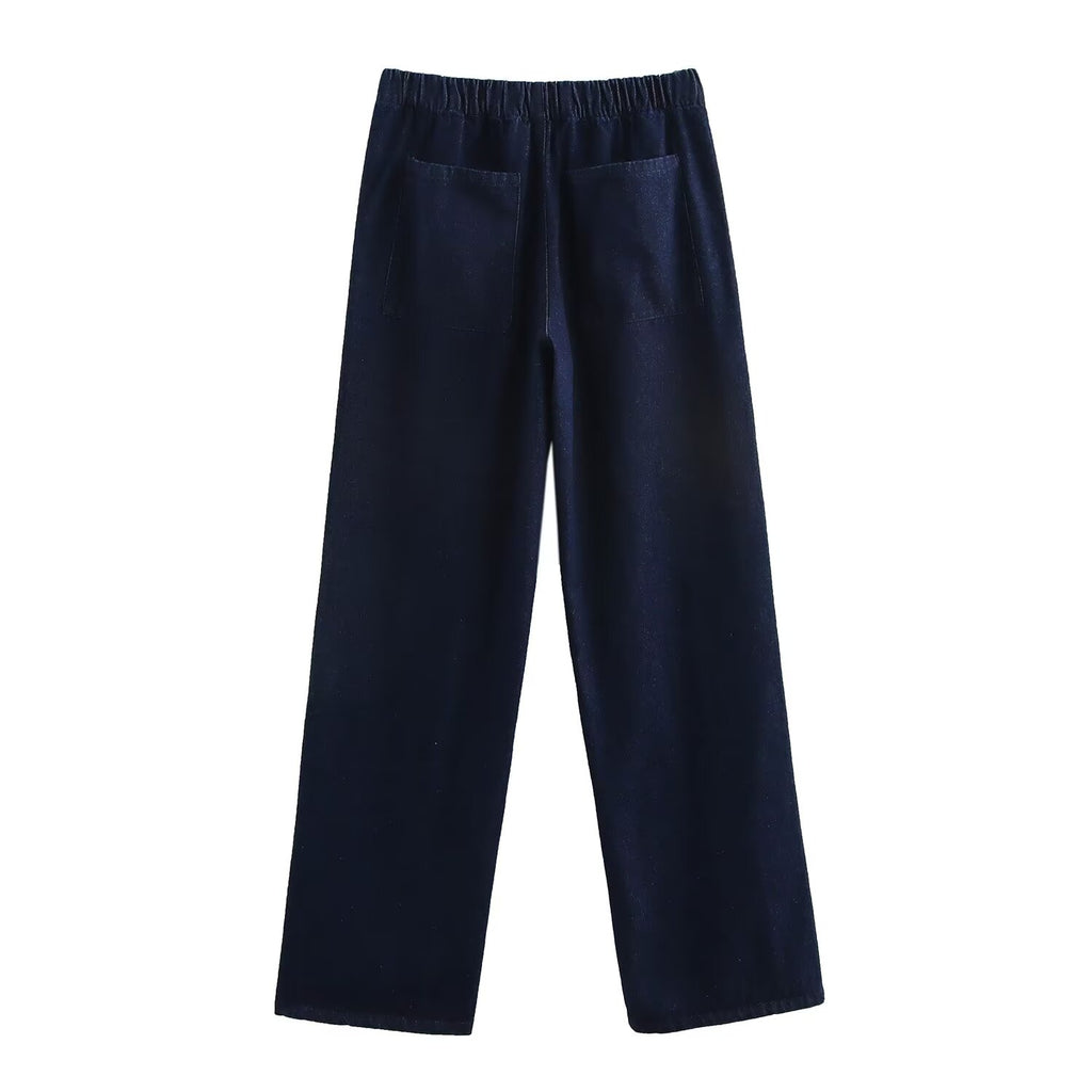 Spring Stitching Stripe Belt Denim Coat Trousers Set