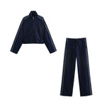 Spring Stitching Stripe Belt Denim Coat Trousers Set