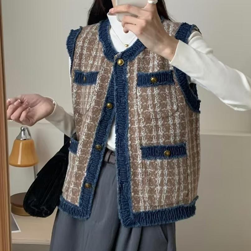 Spring Denim Color Matching Classic Plaid Knitted Vest