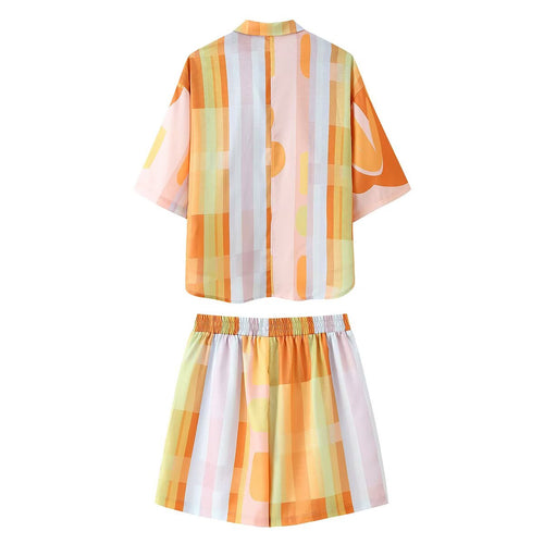 Spring Summer Women Cotton Linen Printed Short Sleeved Shirt Shorts Set