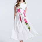 Vintage Pink Floral A-Line Midi Dress