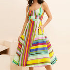 Women's Colorful Striped Halter Dress Bohemian Holiday Back Cutout Fringe Lace Up Pocket Dress