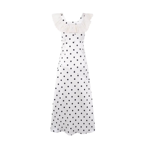 Square Collar Lace Stitching Dress Gentle Sweet Girl Big Polka Dot Printing Slim Fit Maxi Dress