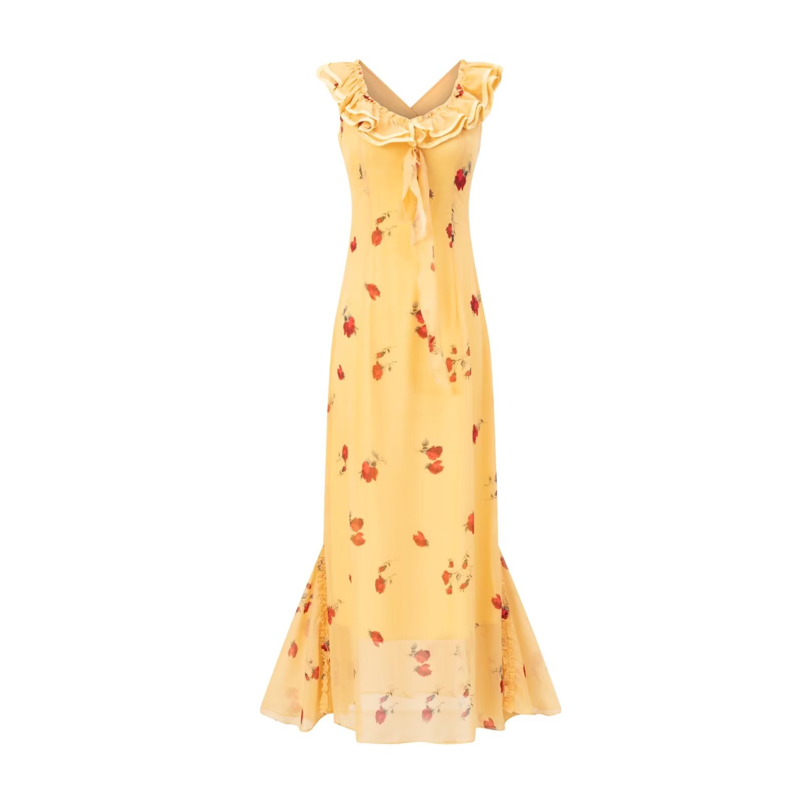 Women's V-Neck Floral Tie Ruffle Ruched Sleeveless A-Line Midi Dress