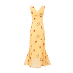 Women's V-Neck Floral Tie Ruffle Ruched Sleeveless A-Line Midi Dress