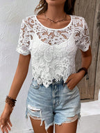Women Spring And Autumn Hollow Hook Woven Round Neck Pullover Blouse